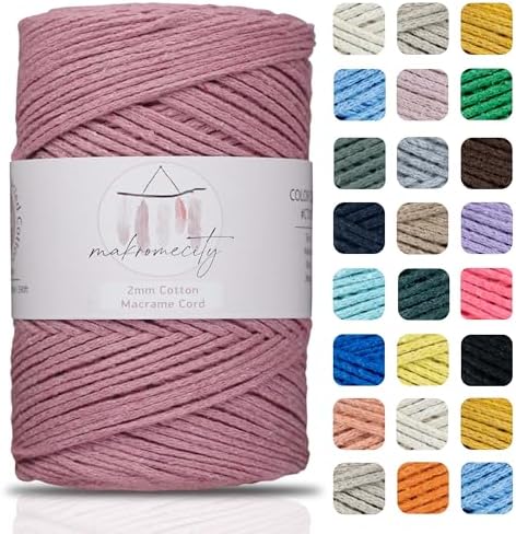 Makromecity, Cotton Macrame Cord 2mm x 195 Yards (590 feet) 2mm Recycled Cotton Crochet Yarn for Macrame Art & Crafts for Wall Hangings, Bags, Underplate, Rug (25 Colors Available) (Dusty Rose)