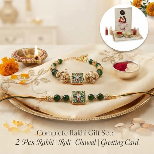 Handmade Premium Couple Rakhi Gift Set | Green Traditional Charm with Unique Design Rakhi Combo | Includes Roli Kumkum & Chawal | Traditional Raksha Bandhan Gift for Bhaiya Bhabhi, Brother & Sister