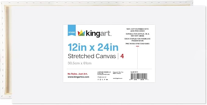 KINGART Stretched White Canvas Set – Panoramic, 12x24 Inch, 4-Pack – 100% Cotton, Triple Gesso Primed – 5/8" Profile Back-Stapled Artist Boards for Acrylic, Oil, Pouring, & Mixed Media Painting