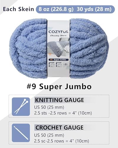 Cozyful Chunky Yarn for Hand Knitting, #9 Thick Jumbo Big Chunky Yarn for Crocheting, Super Chunky Knit Blanket Yarns, Large Chunky Chenille Yarns, 8 Pack (30 yds 8 oz Each Skein), Blue Gray