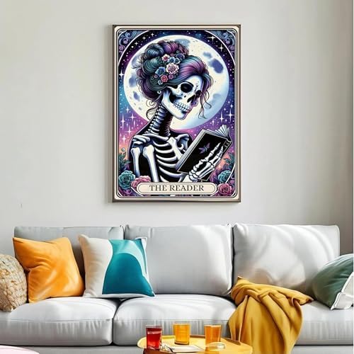 The Reader Skeleton Diamond Art Kits for Adults Beginners, 5D DIY Diamond Painting Kits, Full Round Drill Diamonds Dots Gem Art Crystal, Home Wall Decor 12X16 Inch