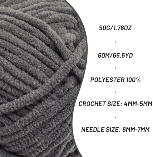 Plush Chenille Chunky Crochet Yarn - Baby Yarn for Crocheting Soft - Velvet Yarns Knitting for Blankets Crafts - Fluffy Amigurumi Yarns 50g / 65.6yd (Dark Gray)