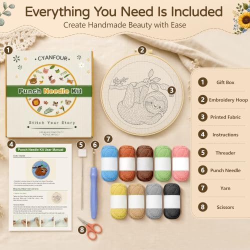 CYANFOUR Punch Needle Kit for Beginners, Sloth Punch Needle Kits Adults, Craft Kits for Adults with 2 Pre-Printed Fabrics, Embroidery Hoop, Threads, DIY Gift and Home Decor 20 * 20cm