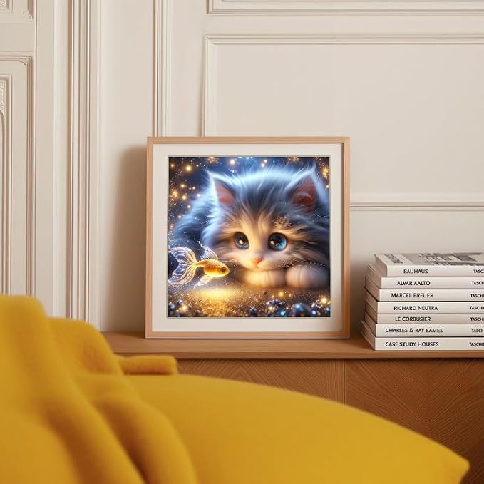 Cat and Goldfish Diamond Art Kits for Adults,Dreamy Diamond Painting Kit for Beginners, Round 5D DIY Dimond art,Full Drill Painting Kit Art and Crafts for Adults Home Wall Decor【13.8x13.8inch】