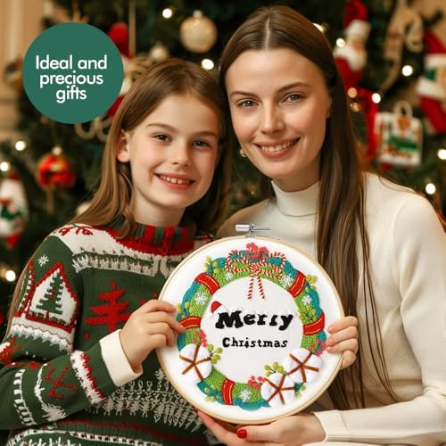 wtisan Christmas Embroidery Kit, Cross Stitch Kits for Beginners, Needlepoint with All Tools & Instructions, Stamped Hand Embroidery Starter Kit for Holiday Crafts & Xmas Home Decor, W19