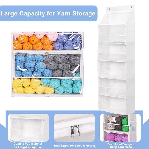 Hanging Yarn Storage Organizer, Large Capacity Knitting Organizer Storage with 6 Zipper Closure Compartments, Over the Door Hanging Yarn Holder for Knitting Needles Crochet Kit Crochet Hooks