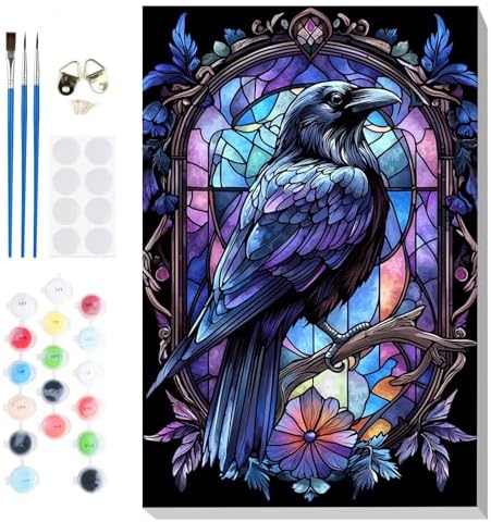 Bowetile Raven Stained Glass Framed Paint by Numbers for Adults, Gothic Crow Adults' Paint-by-Number Kits on Canvas, Acrylic Number Painting Kits Halloween Gifts for Home Decor, 8x12in