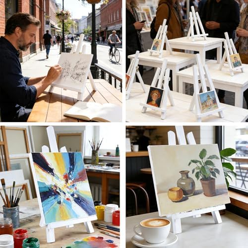 Artkey White Wooden Display Easel Stand, 13 Inch Folding Tabletop A-Frame Mini Easels for Canvas, Photos, Wedding Signs & Menus, Solid Radiata Pine Wood, 2 Pack