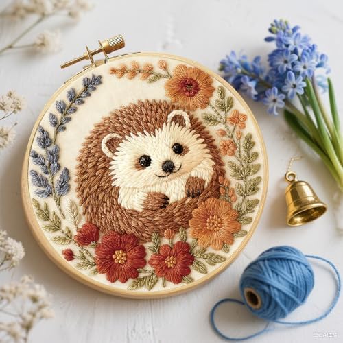 FREEBLOSS 4 Pack Embroidery Kit for Beginners Hedgehog Stamped Embroidery Starter Kit with Instruction Cross Stitch Needlepoint Kits for Crafts Adults with 2 Hoops 20cm/7.9inch