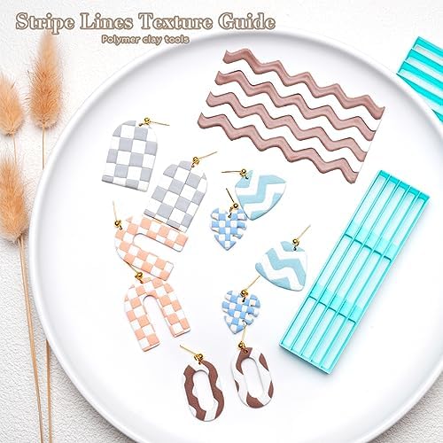 TAINSKY Stripe Tool Polymer Clay Cutters, Checker Board Maker for Making Earrings Jewerl, 5 Pcs Stripe Lines Texture Guide, Clay Earring Cutters, Polymer Clay Earrings Tools