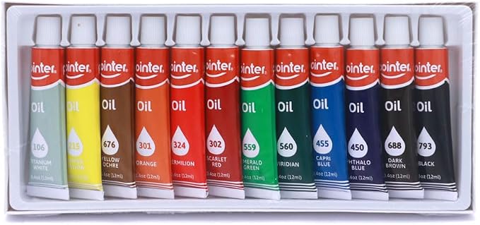 Pointer ArtPRO Oil Paint Set, 12 Colors, 0.4oz Tubes, Smooth Creamy Texture for Canvas and Fine Art