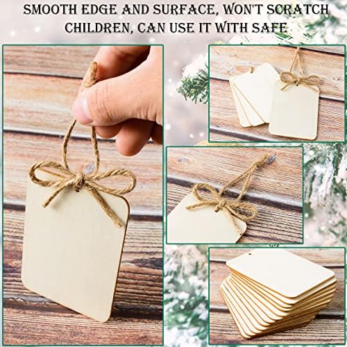 120 Pcs Wooden Tags 2.5 x 3.5 Inch Unfinished Wood Rectangle Square Wooden Cutouts with Holes Wood Ornaments with 32.8ft Rope for Holiday Gift Tags DIY Craft Christmas Hanging Decorations Painting