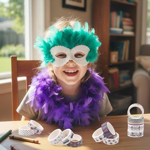 Mardi Gras Washi Tape - 12 Rolls Waterproof Residue Free Adhesive with Masks Crowns Beads in Traditional Purple Green Gold for Scrapbook, Gift Wrapping, Journal Decor, Party Supplies