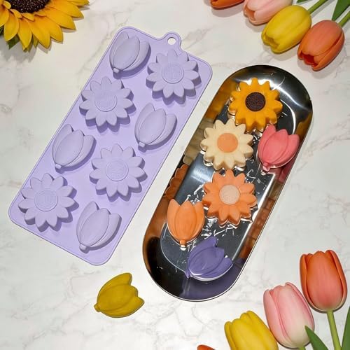 Flower Ice Cube Molds Silicone 2Pcs Sun Flower Chocolate Candy Molds for Baking Tulip Shape Jello Molds Pudding Molds for Desserts Soap Making (Pack of 2)