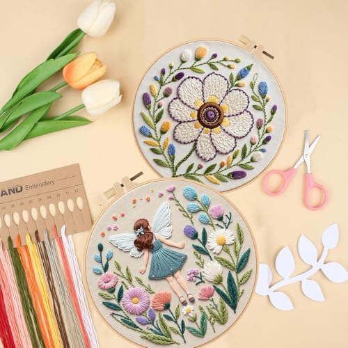 Konrisa Embroidery Kits for Adults, 3pcs Elf Flower Fairy Floral Embroidery Starter Kit DIY Sewing Practice with Hoop,Needlepoint Cross Stitch Kit