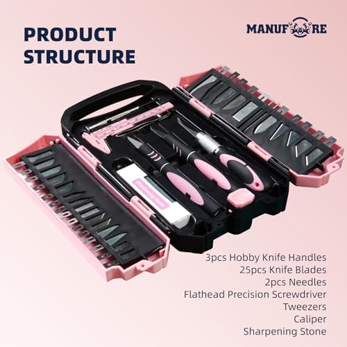 MANUFORE 34pcs Large Exacto Knife Set Craft Precision Knife Set Pink