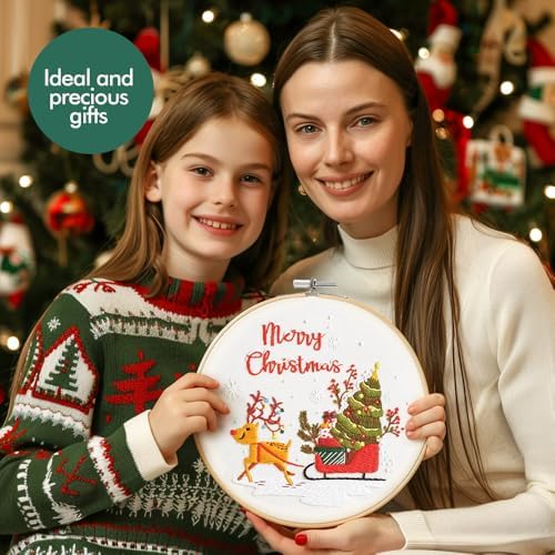 wtisan Christmas Embroidery Kit, Cross Stitch Kits for Beginners, Needlepoint with All Tools & Instructions, Stamped Hand Embroidery Starter Kit for Holiday Crafts & Xmas Home Decor, W15