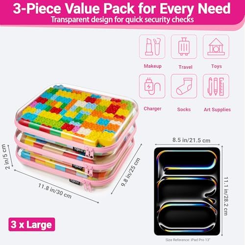 YQBRAO Clear Hard Shell Zipper Cases, 3 Large Travel Organizers, Pink