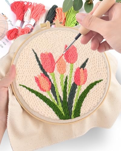 ERKOON Punch Needle Kit Beginners Adults, DIY Easy Flower Embroidery Set for Starter Art Craft, Needling Punching Project with Patterns, Tools, Yarns, Hoop, Instruction (Tulips)