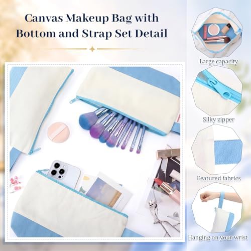 Silkfly 15 Pcs Cotton Canvas Makeup Bags Cosmetic Zipper Bags 10.2 x 5.5 x 2'' Blank DIY Pouch Bulk Pencil Case with Bottom Travel Toiletry Pouch for Women Craft Decor Gift (Beige and Light Blue)
