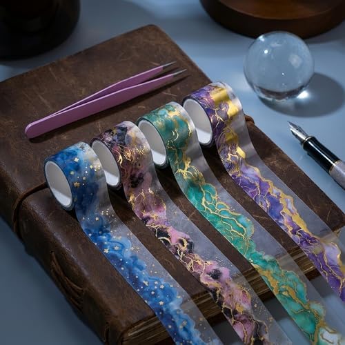 4 Rolls Gradient Watercolor PET Tape Stickers for Journaling Gold Foil Aesthetic Scrapbooking Supplies with Pink Tweezers Clear Junk Journal Accessories Decorative Craft Set