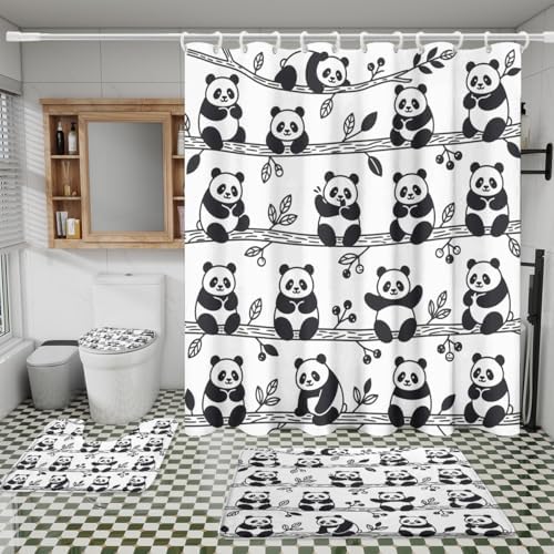 Abstract Kawii Baby Panda Shower Curtain Sets 4 Piece,Cartoon Spring Forest Bamboo Trees Bathroom Decor Sets with Rugs,Cute Animal Panda Bears Waterproof Toilet Lid Cover Bath Mat