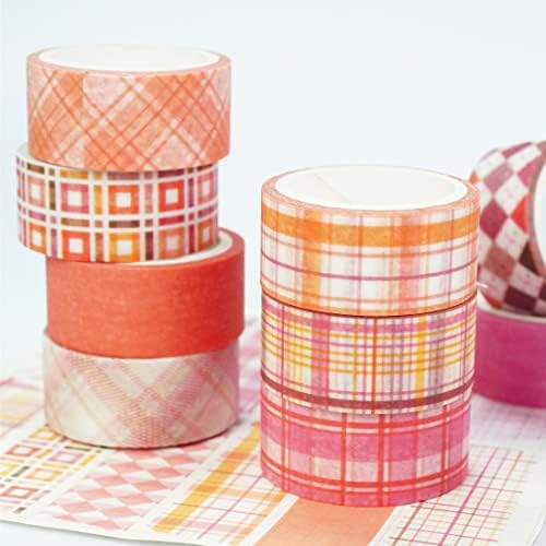 Basic Grid Washi Tape Set 12 Rolls Plaid Decorative Masking Tapes for Arts, DIY Crafts, Journals, Planners, Scrapbook, Wrapping (Pink)