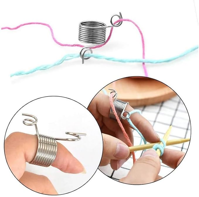 6 PCS 2 Size Ring Type Knitting Tools Finger Wear Thimble Yarn Spring Guides Stainless Steel Needle Thimble Sewing Accessories, 15MM and 17MM