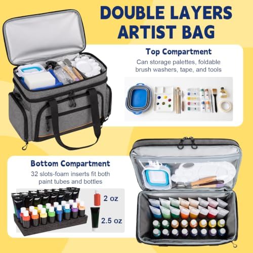 2 Layer Acrylic Paint Storage Bag for 32 Bottle(2 oz) Acrylic Paint