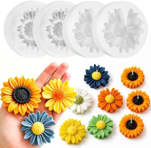 4 Pcs 3D Flower Silicone Molds Daisy Sunflower for Candle Soap Cake Topper