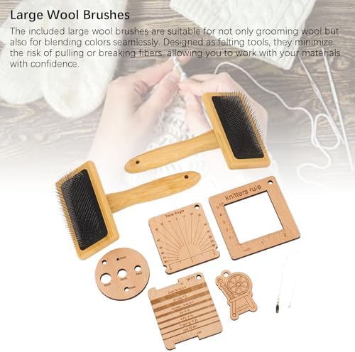 8PCS Wooden Knitting Gauge Wool Brush Set, Felting Blending Tools, Craft Project Kit, Wool Carders with Drop Spindle, Hand Carders Slicker Brush for Weaving Blending Roving