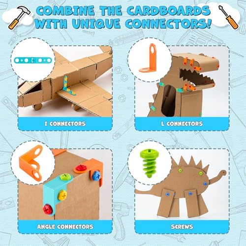 196 PCS Cardboard Cutter for Kids, Reusable Safe Cardboard Tools for Kids with Box, Gloves, Screws, Connectors, Screwdrivers, Saws, Educational Toys for 5 6 7 8 Year Old, Birthday Gift for Boys Girls