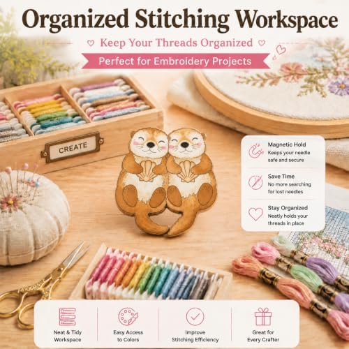 Needle Minder for Keeping Sewing & Embroidery Needles – Magnetic Needlepoint Holder, Cross Stitch Supplies – Secure & Decorative Needle Minders for Stitching & Crafting (Cute Otters)