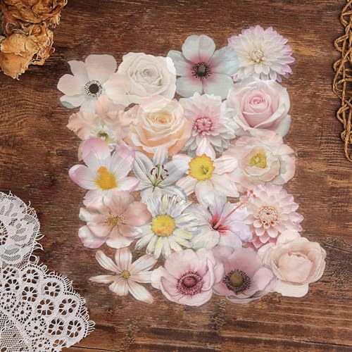 50PCS Pink Flower Stickers – Aesthetic Clear Waterproof Floral Stickers for Scrapbooking, Journaling, Planners, Crafts, Card Making, Art Projects