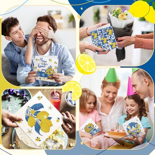 Saillong 12 Pack Lemon Diamond Painting Greeting Cards Kits Summer Capri Italy Lemon Diamond Art Cards with Envelopes Blue Yellow 5D Rhinestones Painting Making Kit for Adult DIY Craft Summer Gifts