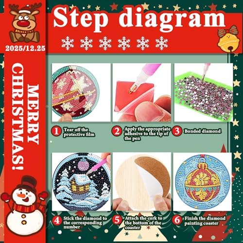 DOTSOPS 8 Pcs Diamond Art Kits for Adults Small Diamond Art Coasters with Holder,Diamond Art Painting Coasters for Adults Beginners Diamond Craft for Christmas Birthday (Christmas Ornaments)