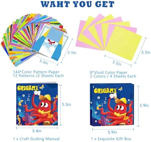 Origami Paper Kit 6x6 Inch, Origami Kit with Guide Book, Beginner Craft Kits for Kids Ages 5-8 8-12, Art & Craft Supplies for Classroom Road Trip Activities, Birthday Children's Day DIY Gift (152pcs)