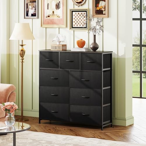 WLIVE Tall Dresser for Bedroom, 9 Drawer Chest of Drawers, Charcoal Black | 9 roomy fabric drawers, Tall storage design, Bedroom or closet use, Sturdy steel frame, Smooth wood tabletop
