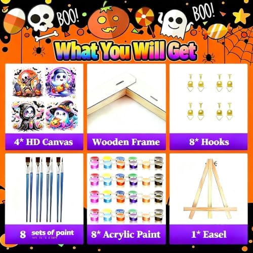 Tabszca 4 Pack Halloween Paint by Numbers Kit for Kids with Frame 8x8 Inch