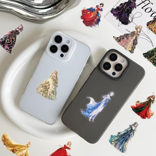 50 Pcs PET Transparent Princess Gown Stickers, Waterproof Vinyl Elegant Dress Decals for Laptop Skateboard Luggage, Colorful Ball Gown Stickers Gift for Kids Teens Adults(Princess)