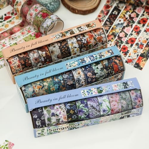 10 Rolls Blooming Flowers Washi Tape Set Floral Arts Adhesive Tapes Colorful Garden Decorative Masking Tape Sets for Craft, Kids, Scrapbook, DIY, Gift Wrapping (6-Silence)