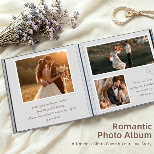 Popotop Photo Album Self Adhesive with Picture Display Window,60 Pages DIY Scrapbooking Supplies Kit for 4x6 8x10 Picture,Linen Cover Memory Book for Baby Wedding, with Scraper and Metallic Pen