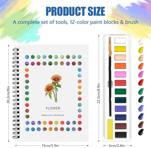 Watercolor Workbook for Beginners, Water Color Paint Book Set with Paints & Brush, 12 Beautiful Flower Patterns of Original DIY Designs, Relaxing & Creative & Joy Adult Coloring Books
