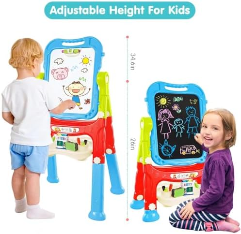 Amagoing Easel for Kids, Adjustable Standing Art Easel for Toddler 2-4, 4 in 1 Double Side Chalkboard Drawing Board with Painting Accessories, Learning Toy Gift for Little Boys Girls Age 3 4 5, Blue