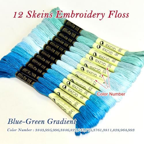 Premium Rainbow Color Embroidery Floss - Cross Stitch Threads - Friendship Bracelets Floss - Crafts Floss - 12 Skeins Per Pack Embroidery Floss,Blue-Green Gradient