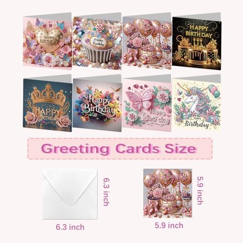 8 Pack 5D DIY Diamond Painting Cards Kit, Diamond Art Birthday Holiday Greeting Card, Art Crafts Kit Creative Gift with Envelope, Card Making Kits for Adults, Birthday