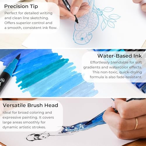 Blue Duo Tip Marker Pens, 12 Fine & Brush Tip Pen For Adult Coloring Books