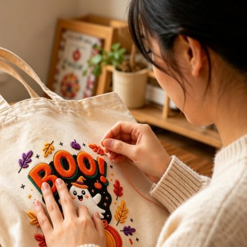 ARTopet Embroidery Tote Bag Kit for Beginners Halloween Canvas Cross Stitch Handbag with Hoops Needles Threads Reusable Grocery Bag for Women-Pumpkin Ghost