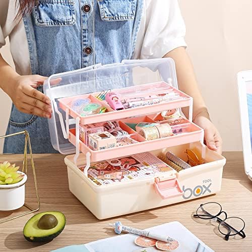 Kinsorcai 12'' Three-Layer Clear Plastic Storage Box/Tool Box, Multipurpose Organizer and Portable Handled Storage Case for Art Craft and Cosmetic (White)