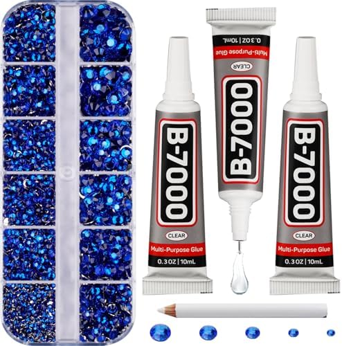 6500Pcs Royal Blue Rhinestones for Bedazzling, Bedazzler Kit with Flatback Craft Rhinestones Bulk and B7000 Glue, 2,3,4,5,6mm Resin Flat Back Crystals for Craftings, Clothes, Nails